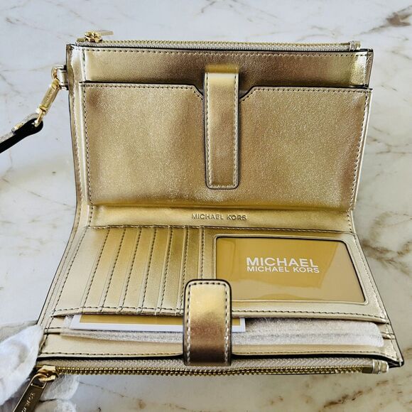 MICHAEL KORS Jet Set Travel Pale Gold Leather Double Zip Wallet Wristlet - Picture 5 of 7